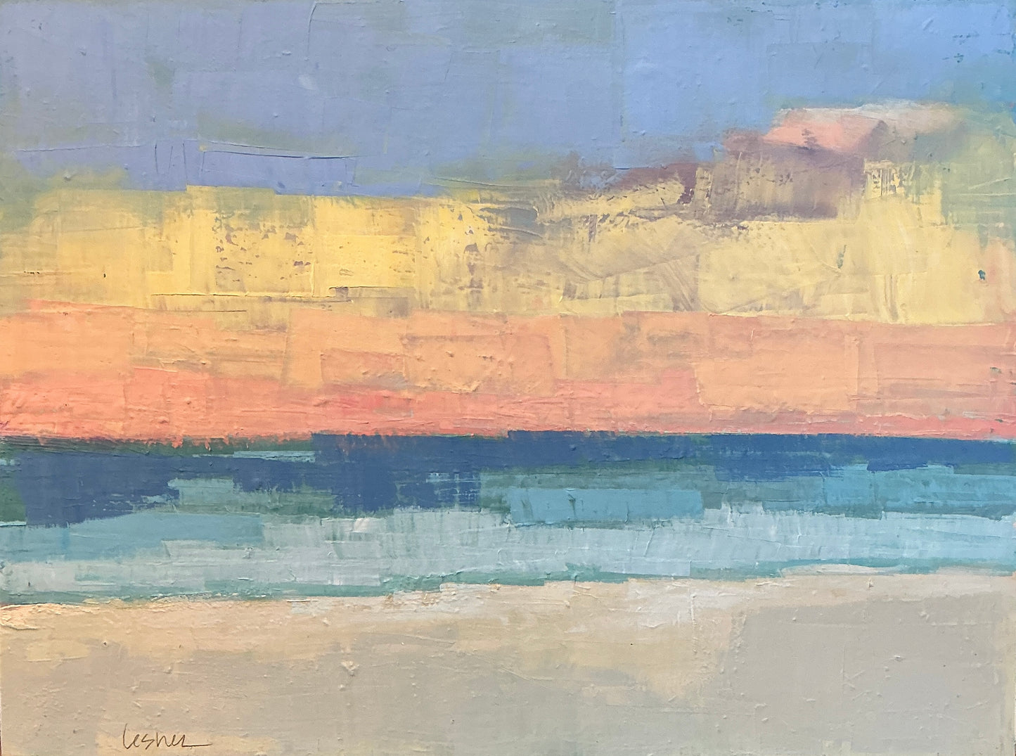 Carol Lesher Colored Mist Coastal Landscape Oil Painting in Natural Wood Frame