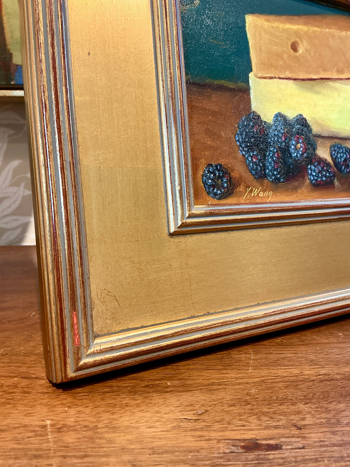 Youqing Wang Blackberries And Cheese Still Life Oil Painting in Gold Frame