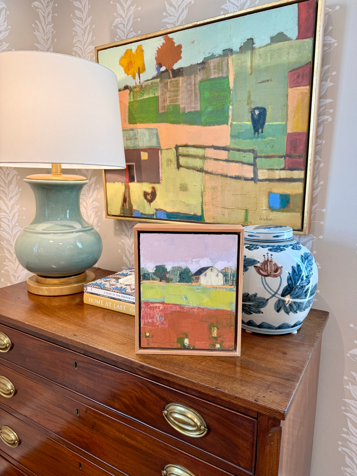 Carol Lesher Spring Landscape Oil Painting in Natural Wood Floater Frame