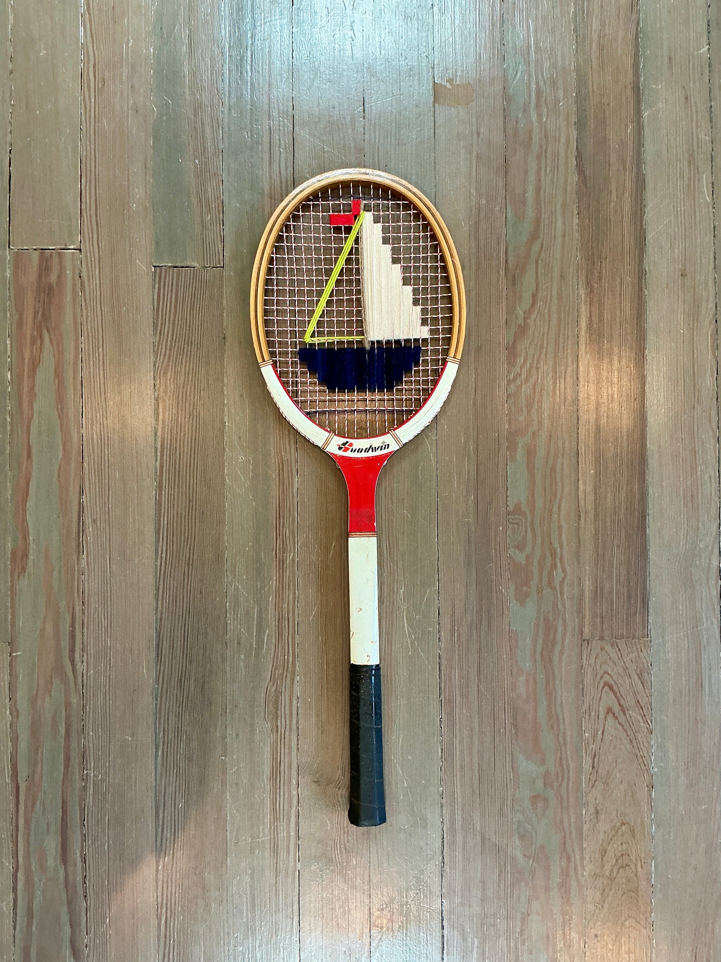 Vintage Embroidered Navy Sailboat Tennis Racket