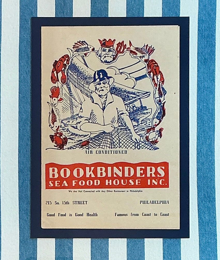 Vintage Philadelphia Bookbinders Menu on Blue and White Stripes in Gold Frame