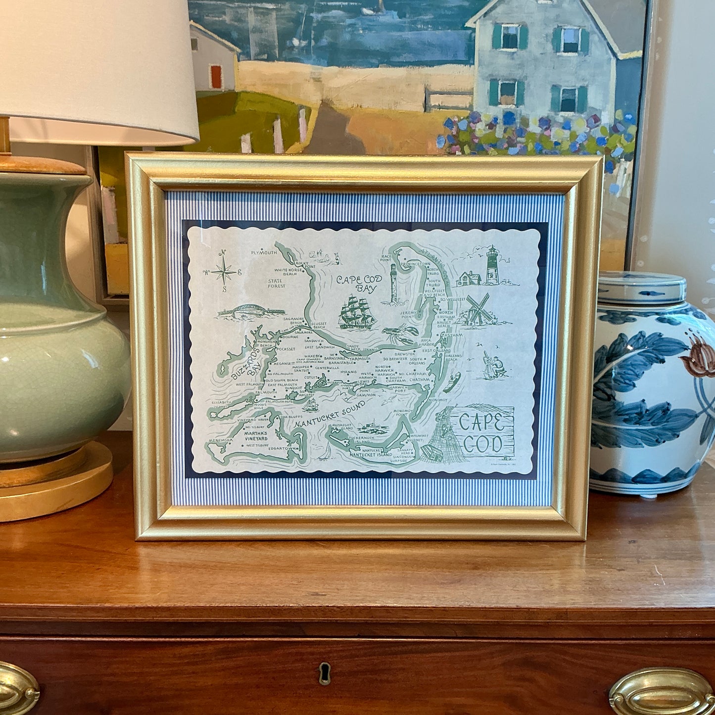 1962 Vintage Cape Cod Nantucket Martha's Vineyard Placemat Map on Blue Ticking Stripes in Gold Frame