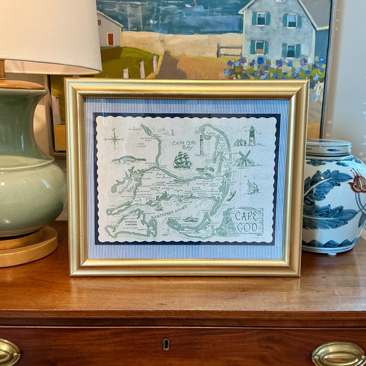 1962 Vintage Cape Cod Nantucket Martha's Vineyard Placemat Map on Blue Ticking Stripes in Gold Frame