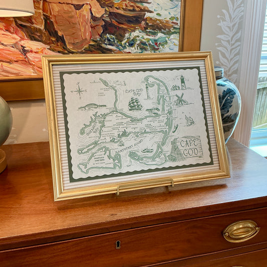 1962 Vintage Cape Cod Nantucket Martha's Vineyard Placemat Map on Taupe Stripes in Gold Frame