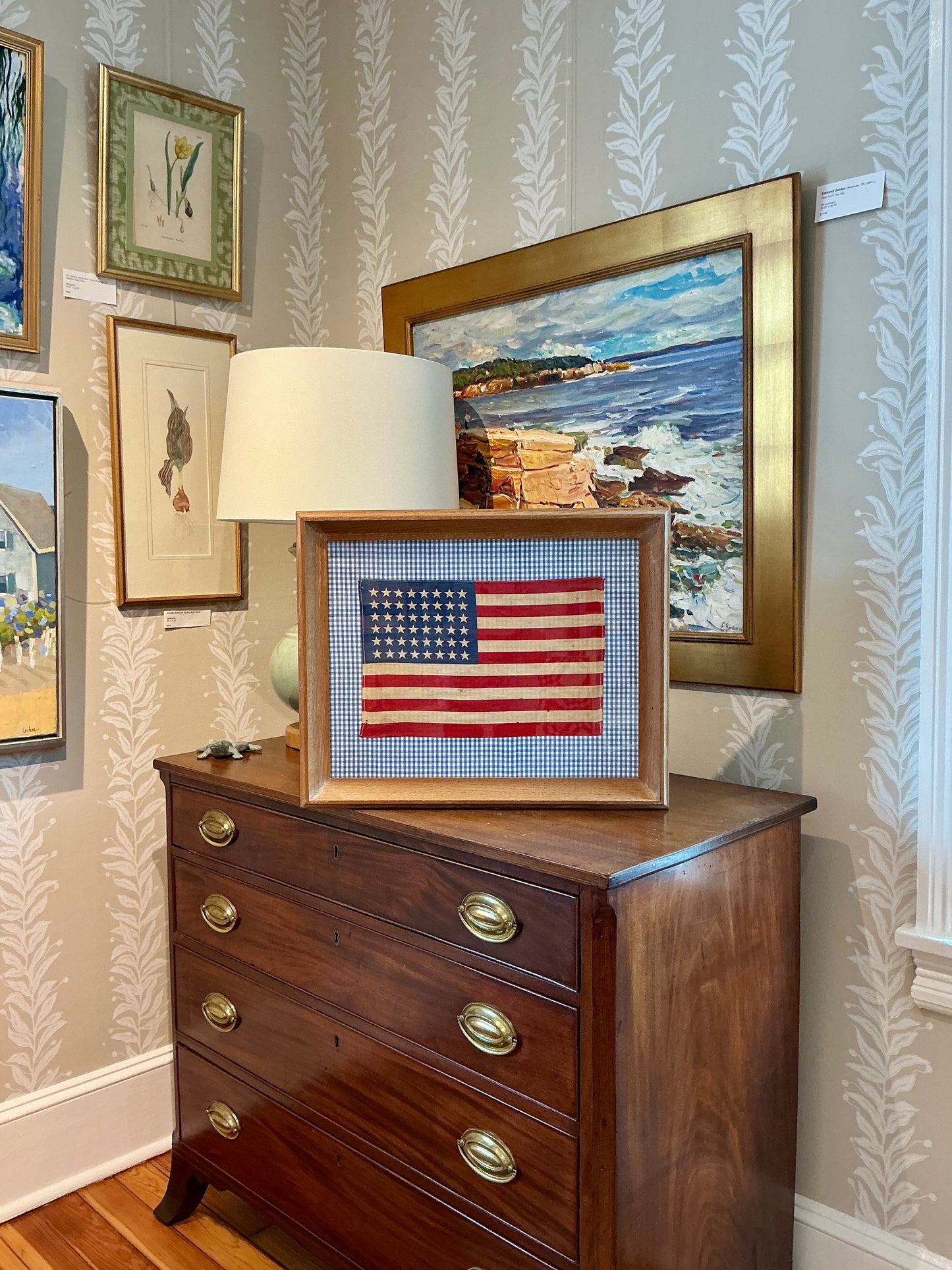 Vintage 48 Star American Flag on Blue Gingham in Wood Frame