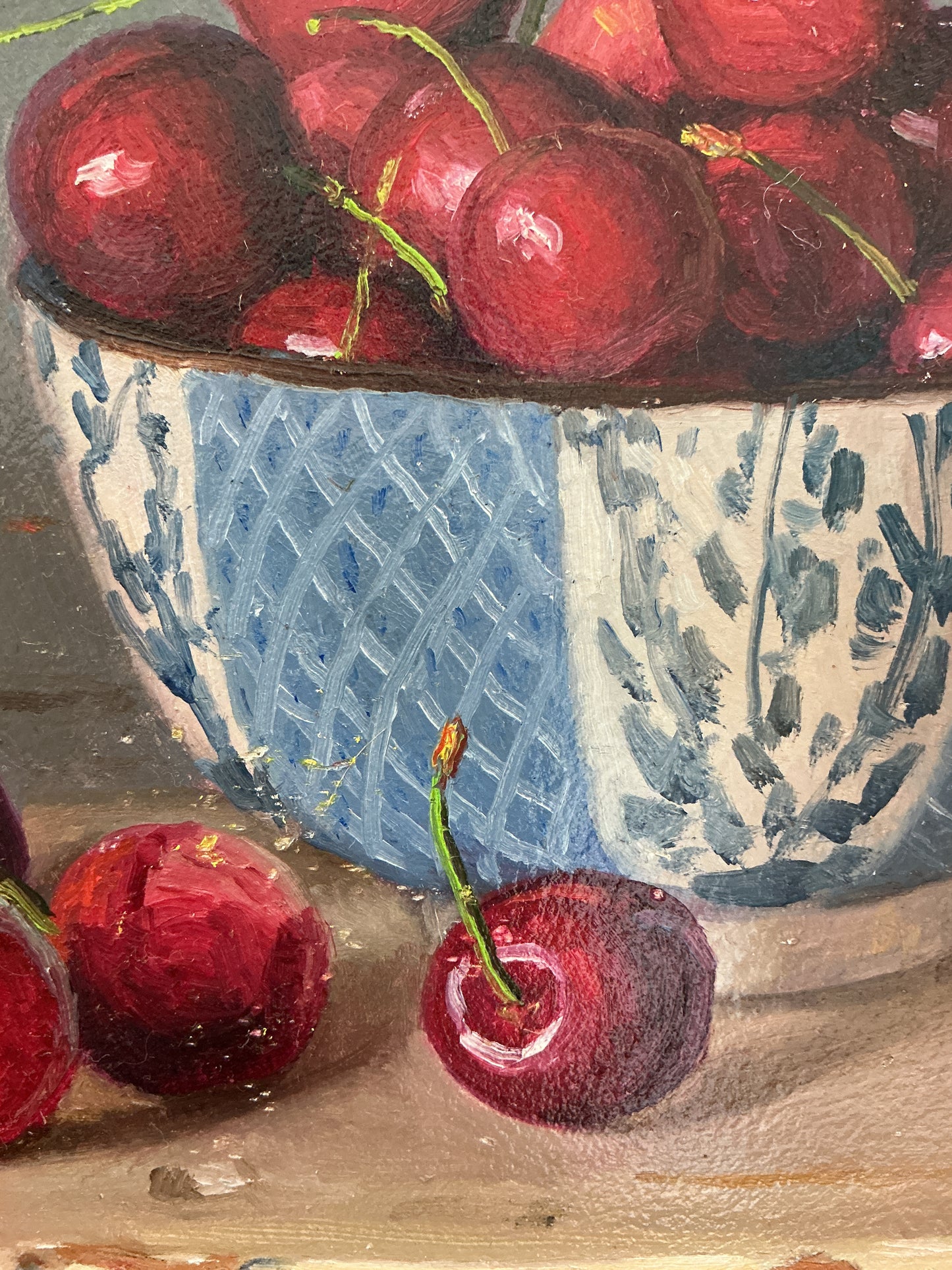 Youqing Wang Cherries In Bowl Still Life Oil Painting in Wood Frame