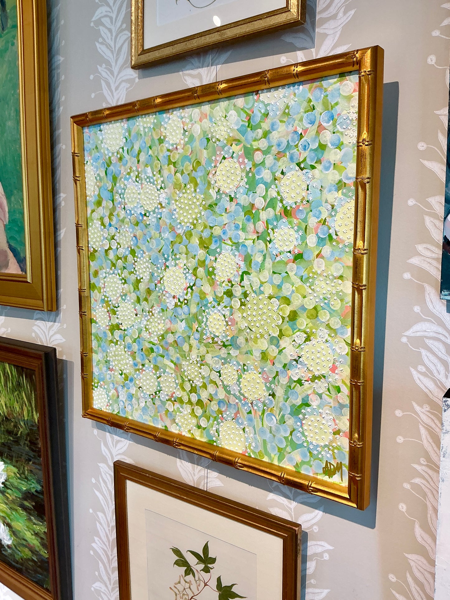 Alison Diamond McElroy Citrus and Salt Abstract Floral Painting in Gold Bamboo Frame