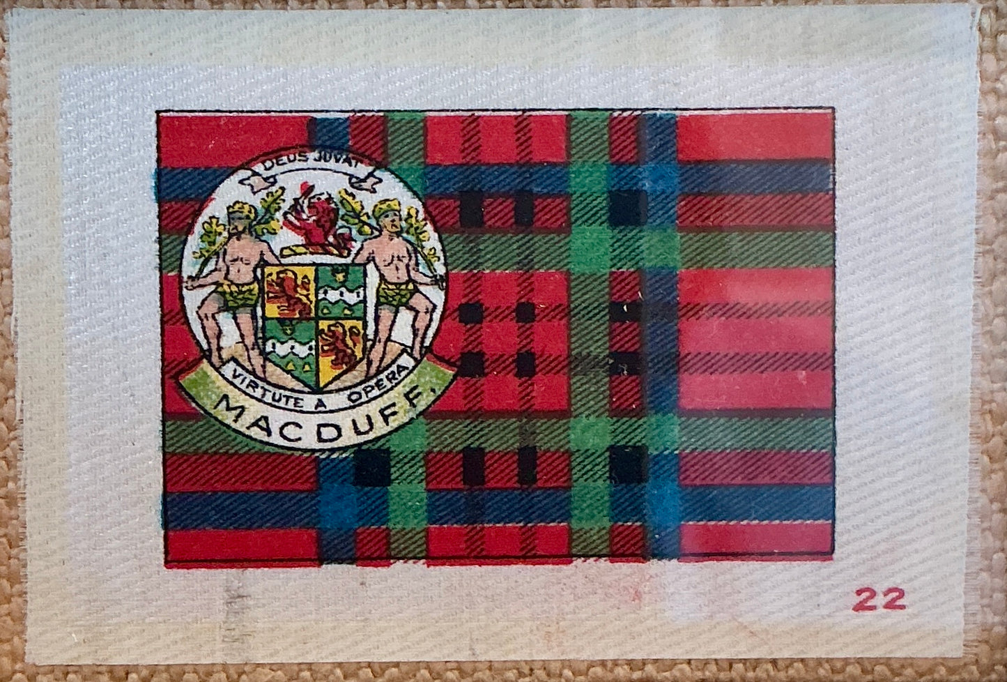 Set of Five Antique Scottish Tartan Tobacco Silks on Neutral Pique in Gold Frame