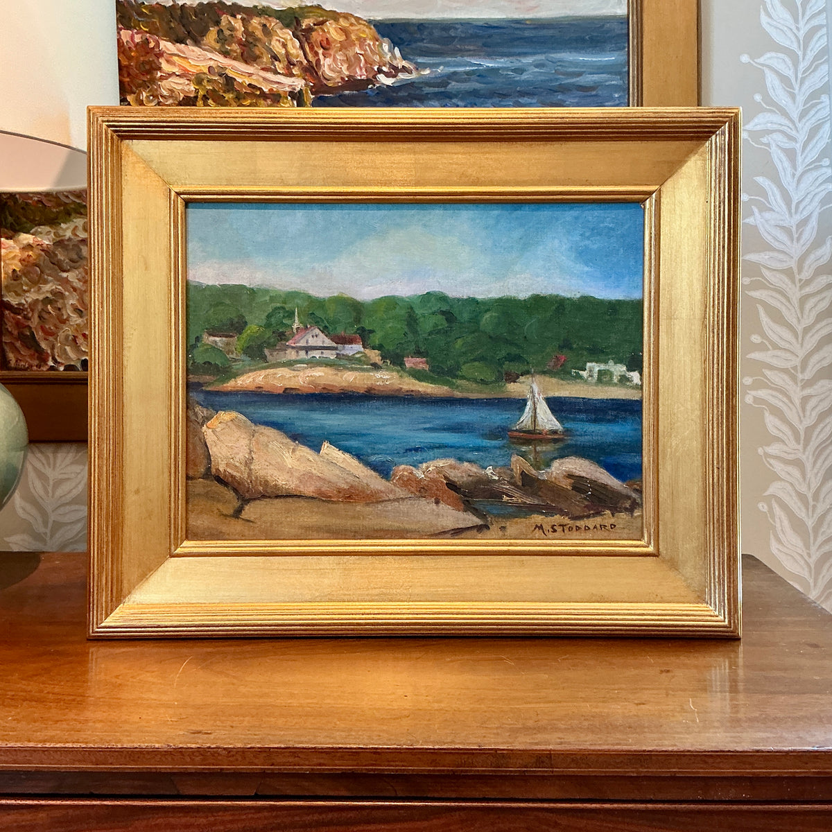M. Stoddard Rockport, MA Coastal Landscape Oil Painting in Gold Frame