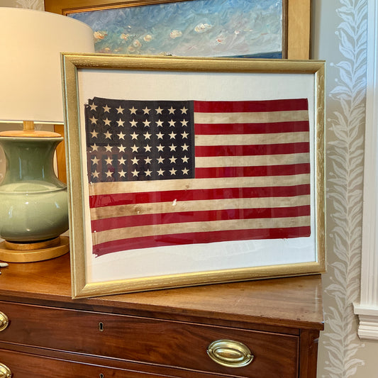 Vintage 48 Star American Flag on Ivory Duck Cloth in Gold Frame