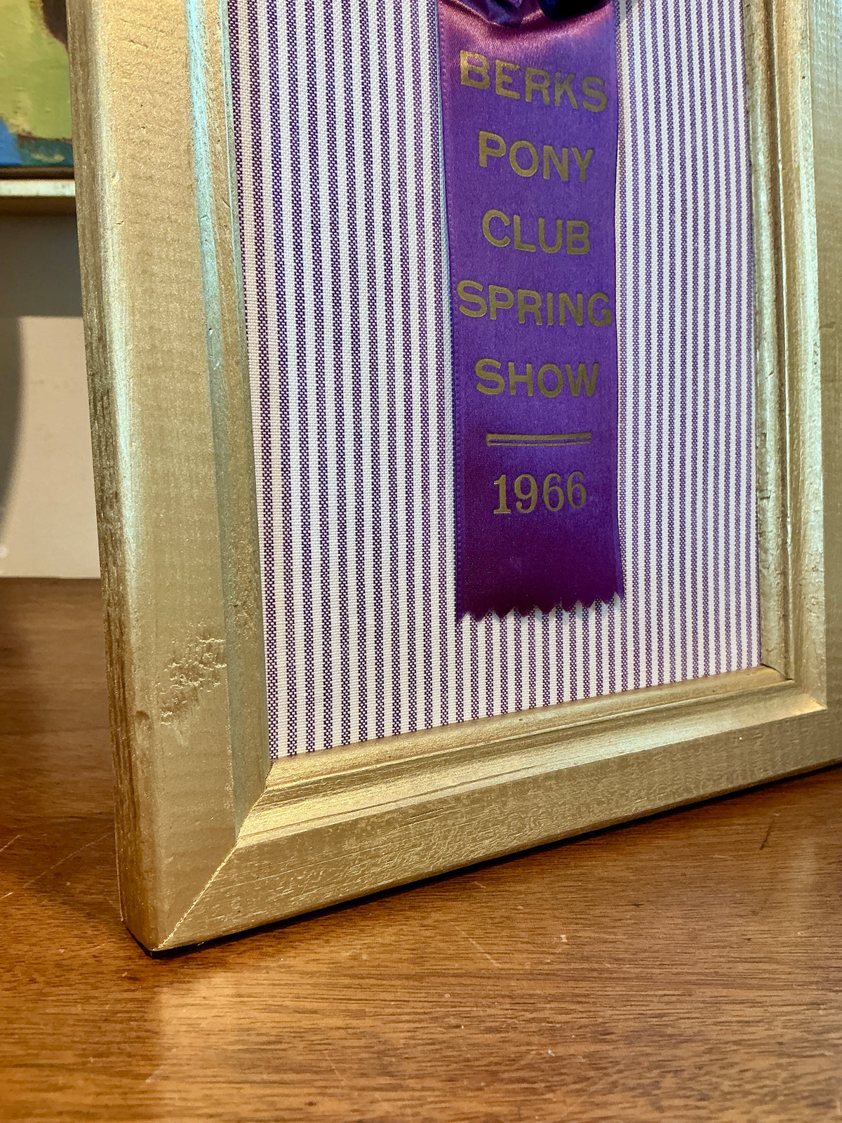 Vintage Berks Pony Club Spring Horse Show Ribbon on Purple Stripes in Gold Frame