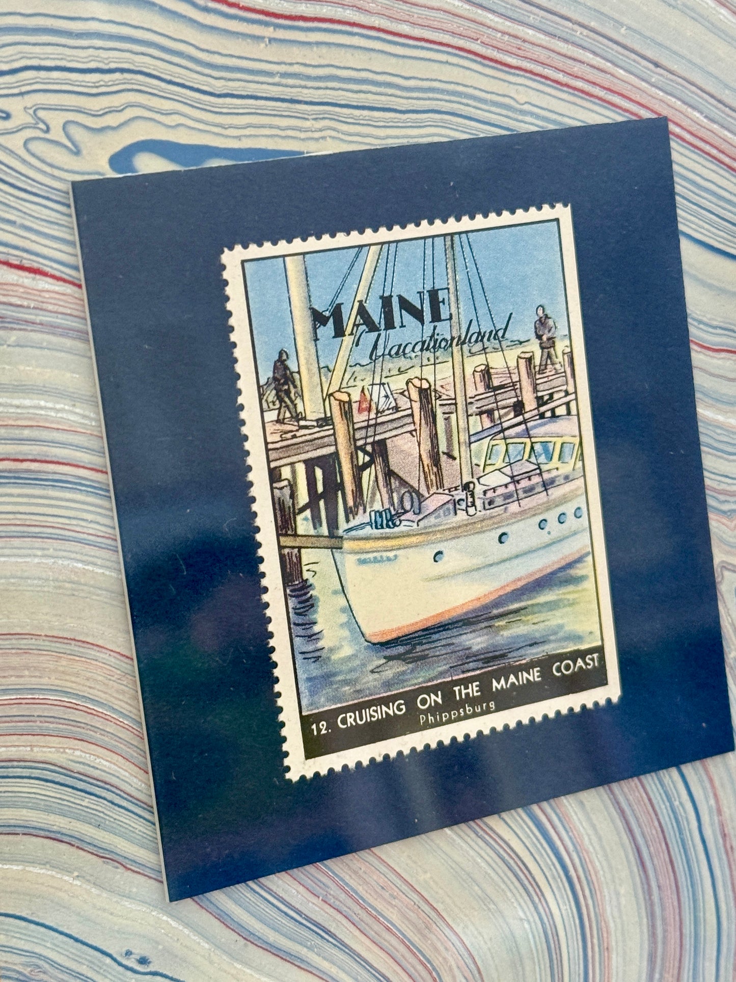 Set of Three 1940 Maine "Vacationland" Stamps on Blue Hand Marbled Paper in Gold Frames