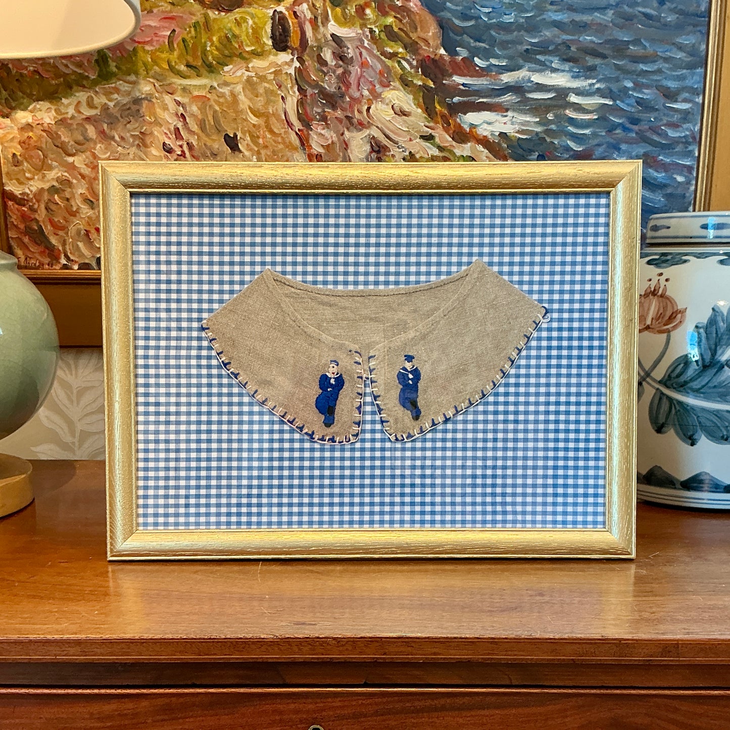 Vintage Sailor Embroidered Collar on Blue Gingham in Gold Frame