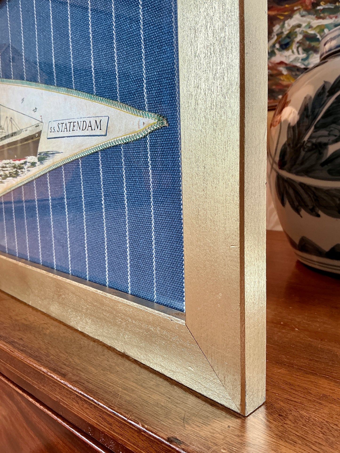 Vintage S.S. Statendam Satin Naval Ship Pennant on Serena and Lily Blue Stripe Pique in Gold Frame