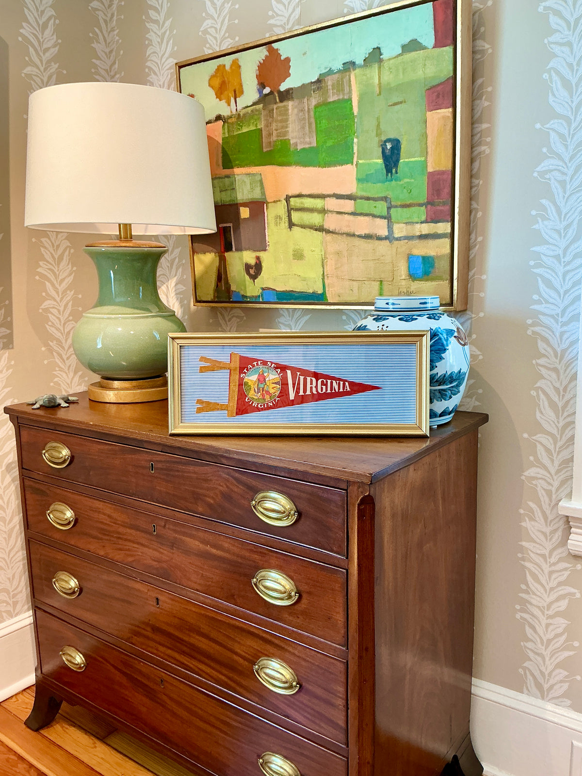 Vintage Virginia Pennant on Blue Ticking Stripes in Gold Frame