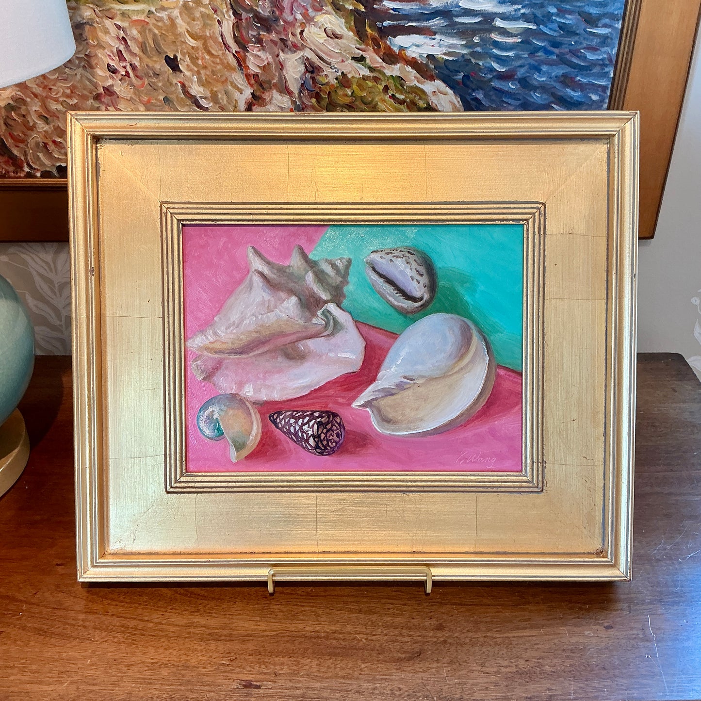 Youqing Wang Seashells On Pink and Teal Still Life Oil Painting in Gold Frame
