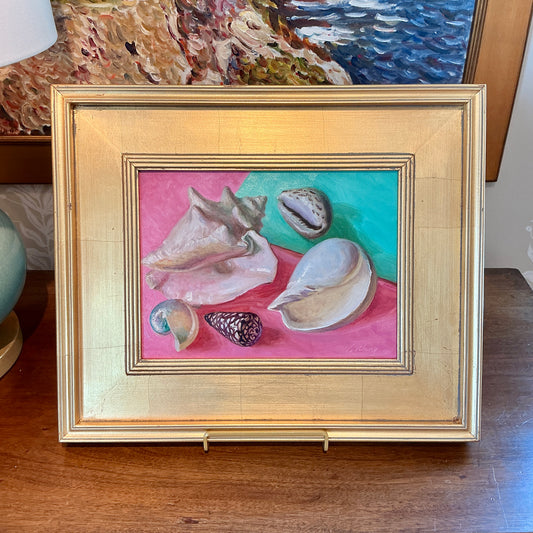 Youqing Wang Seashells On Pink and Teal Still Life Oil Painting in Gold Frame