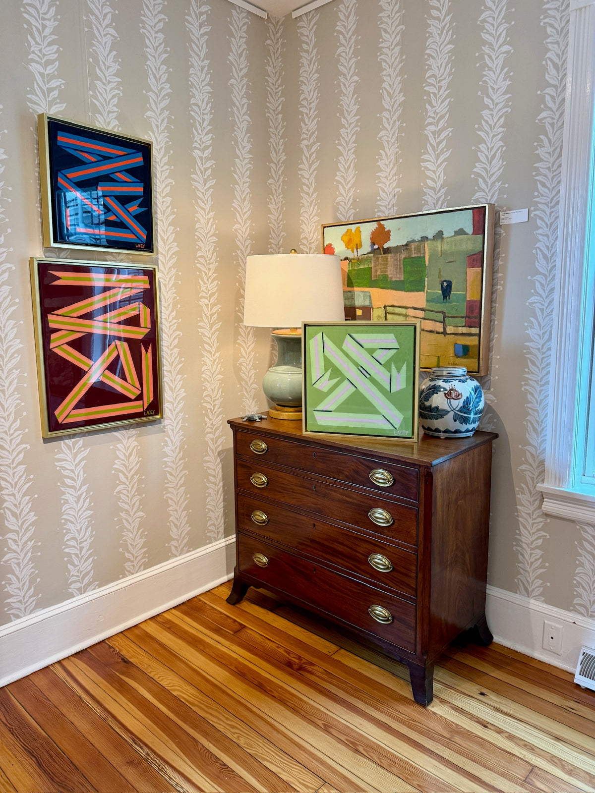 Lacey Craig Hooper Kiwi Ribbon Series Painting in Gold Floater Frame