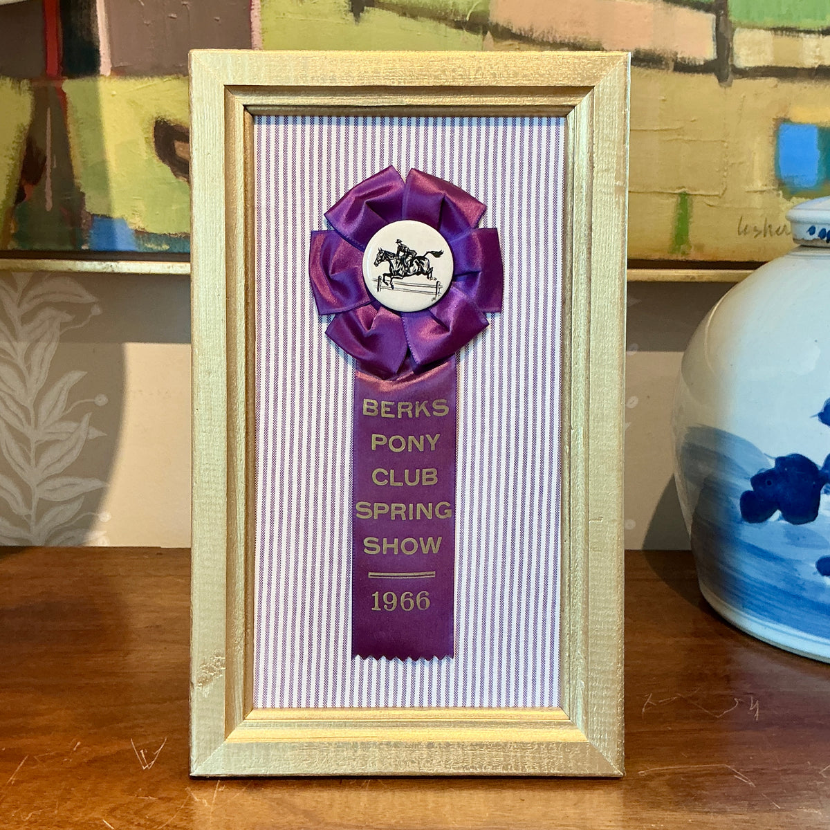 Vintage Berks Pony Club Spring Horse Show Ribbon on Purple Stripes in Gold Frame