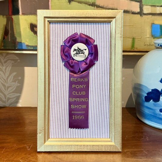 Vintage Berks Pony Club Spring Horse Show Ribbon on Purple Stripes in Gold Frame
