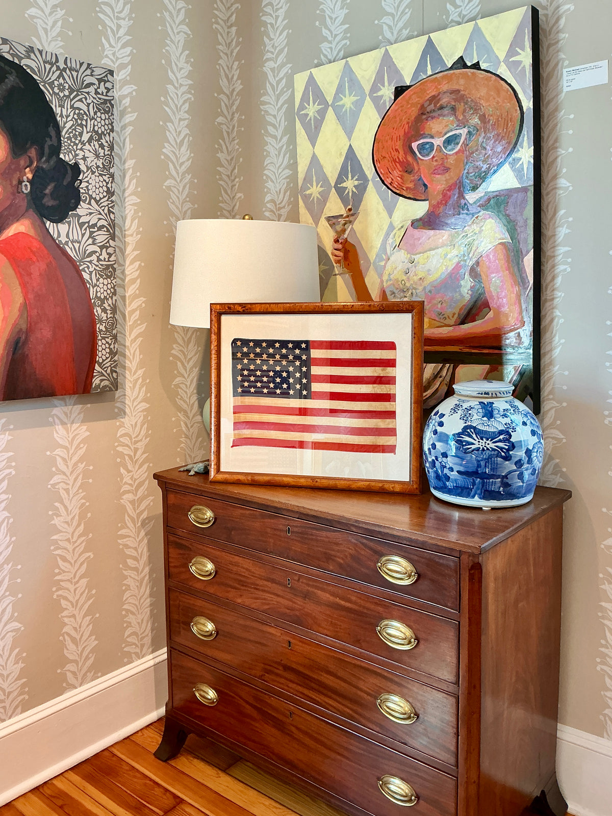 Vintage 50 Star American Flag on Ivory Duck Cloth in Burled Walnut Wood Frame