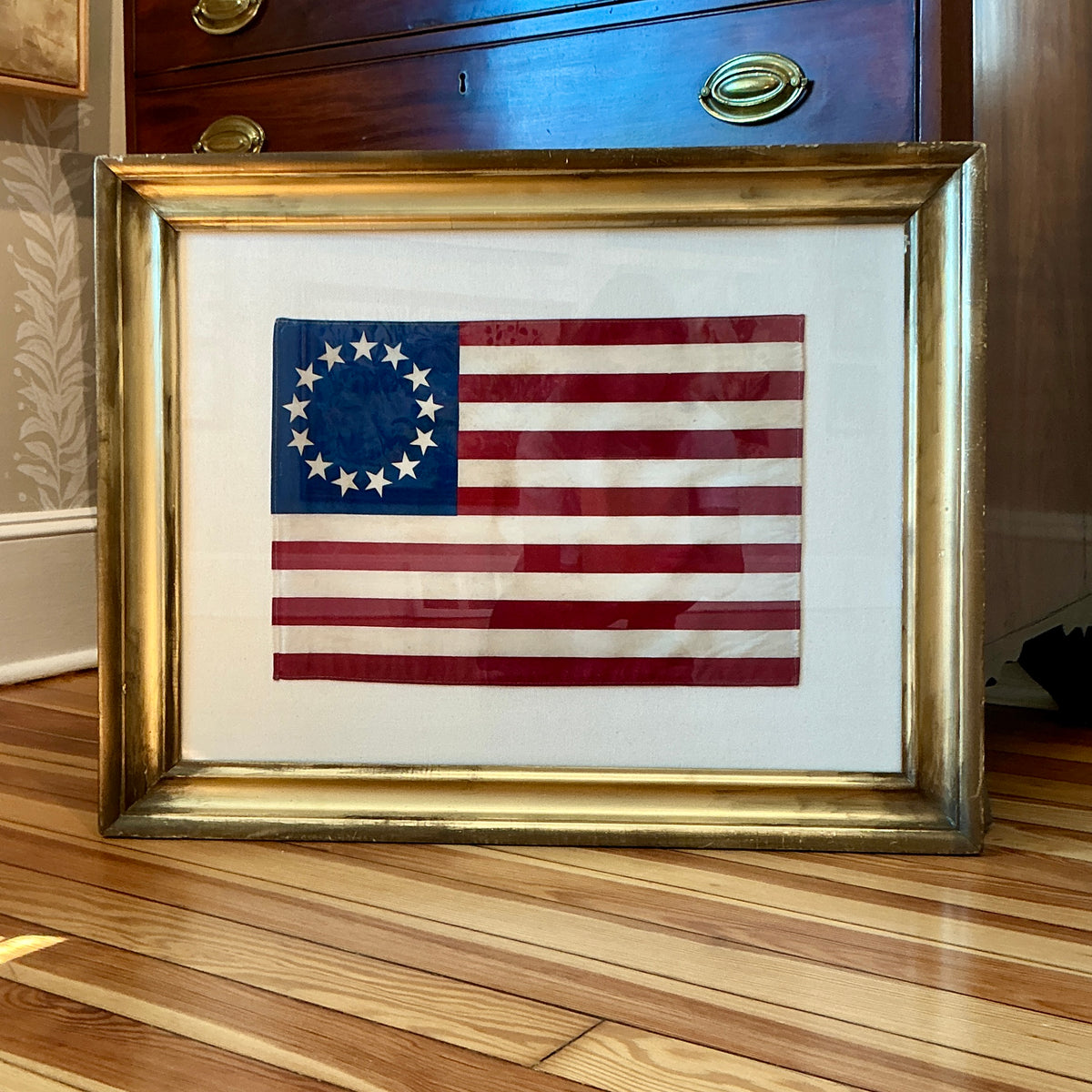 Vintage Betsy Ross 13 Star Flag on Ivory Duck Cloth in Gold Frame