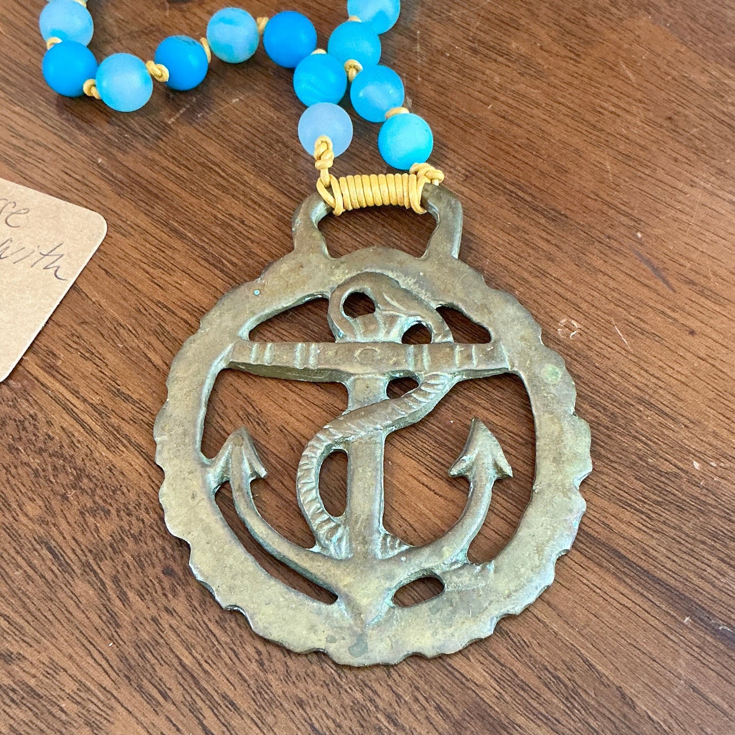 Antique English Horse Brass Anchor Medallion Agate Beaded Hand Knotted Necklace