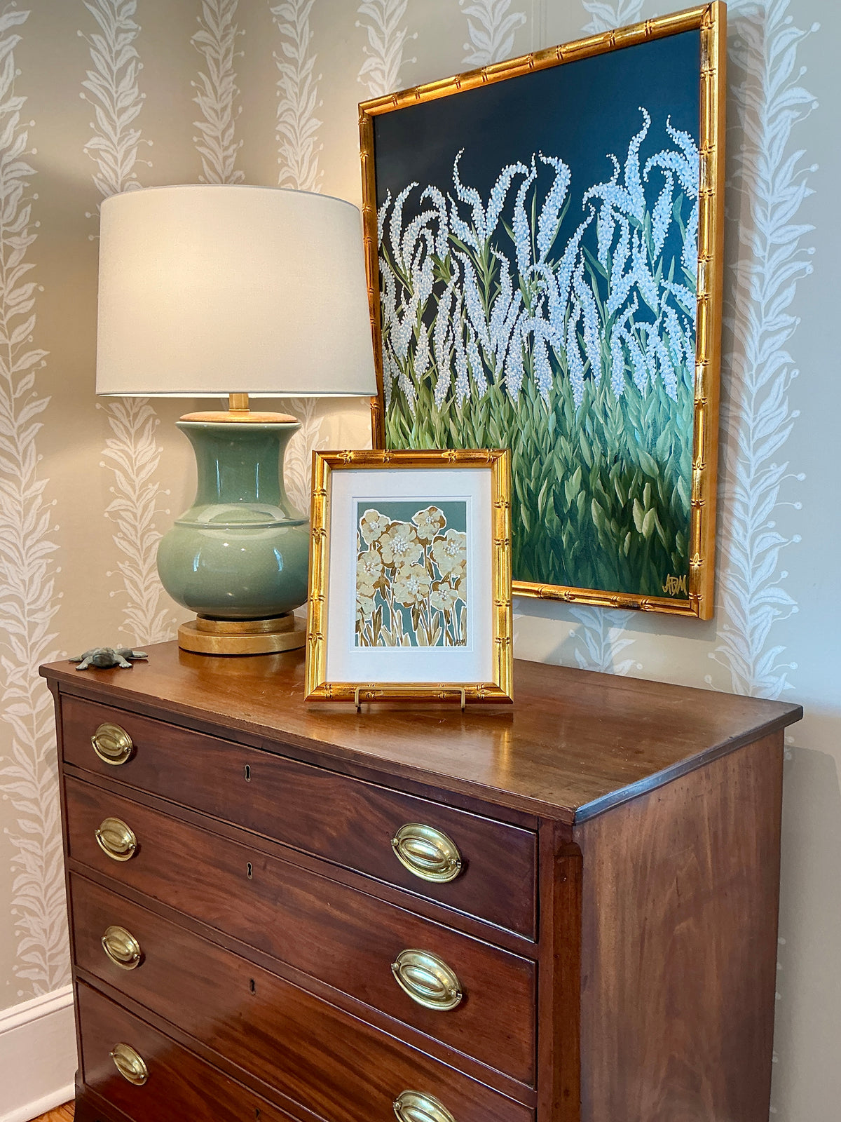 Alison Diamond McElroy Wild Grace Abstract Floral Painting in Gold Bamboo Frame