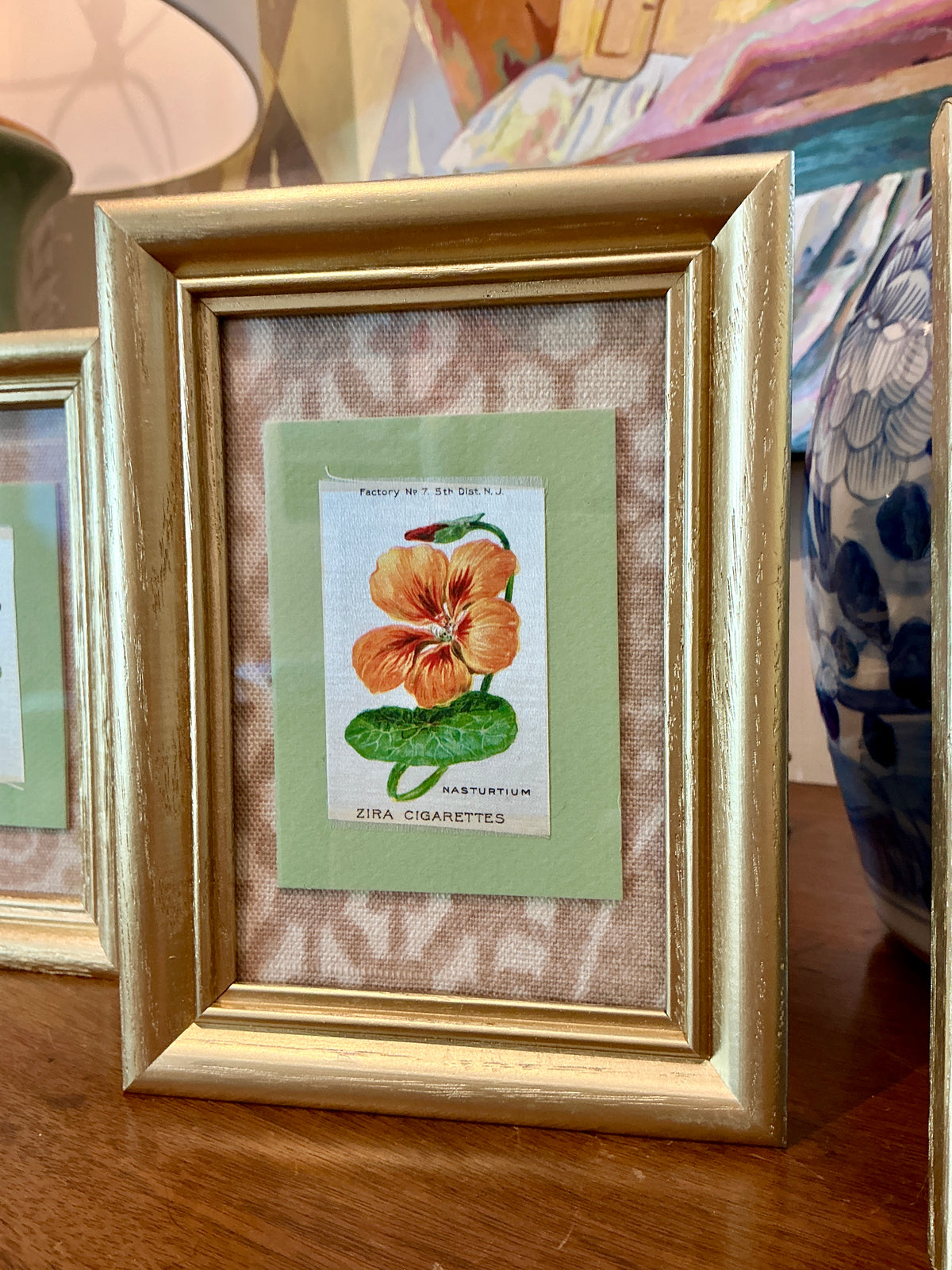 Set of Five Antique Floral Silks on Neutral Thibaut Fabric in Gold Frames