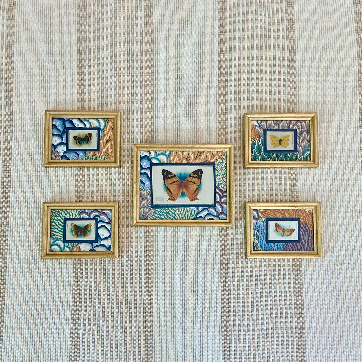 Set of Five Antique Butterfly Silks on Vintage Floral Fabric in Gold Frames