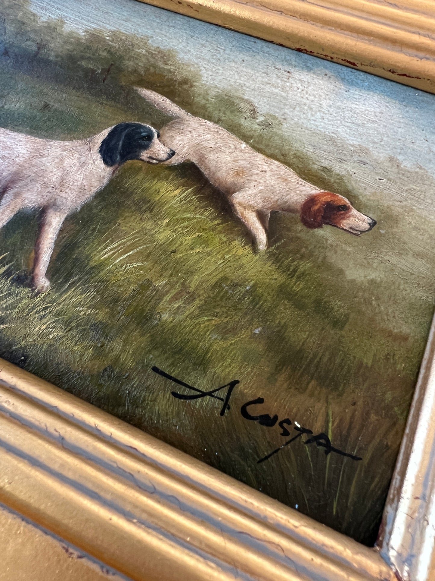 Early 20th Century Pointer Hunting Dogs Portrait Oil on Board Painting in Gold Frame