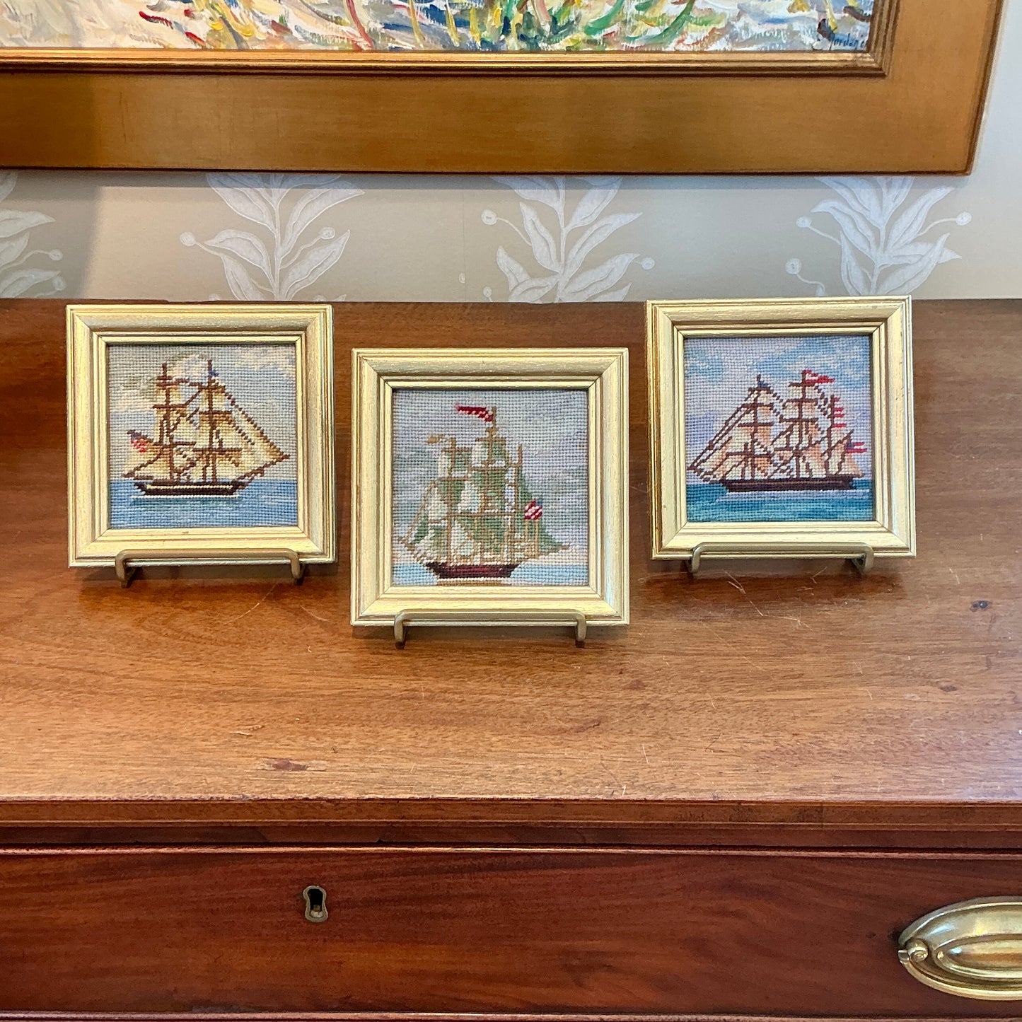 Set of Three Vintage Sailboat Needlepoint Seascapes in Gold Frame