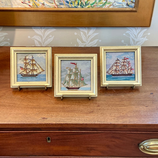 Set of Three Vintage Sailboat Needlepoint Seascapes in Gold Frame