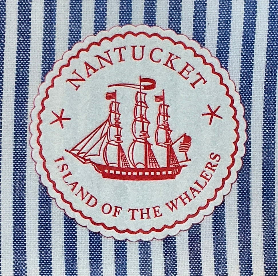 Nantucket Island of the Whalers Vintage 1950s Cocktail Napkin on Blue Stripes in Gold Frame