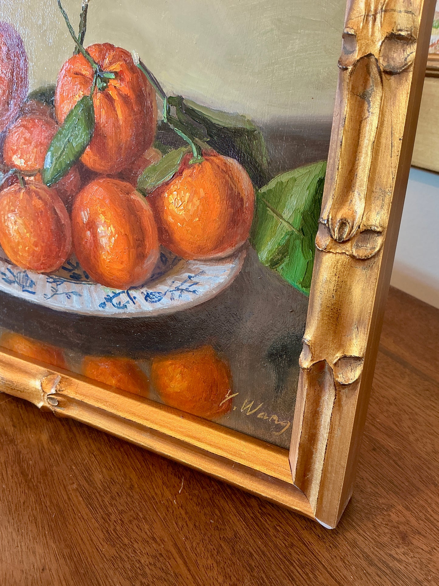 Youqing Wang Clementines in White and Blue Bowl Still Life Oil Painting In Gold Bamboo Frame