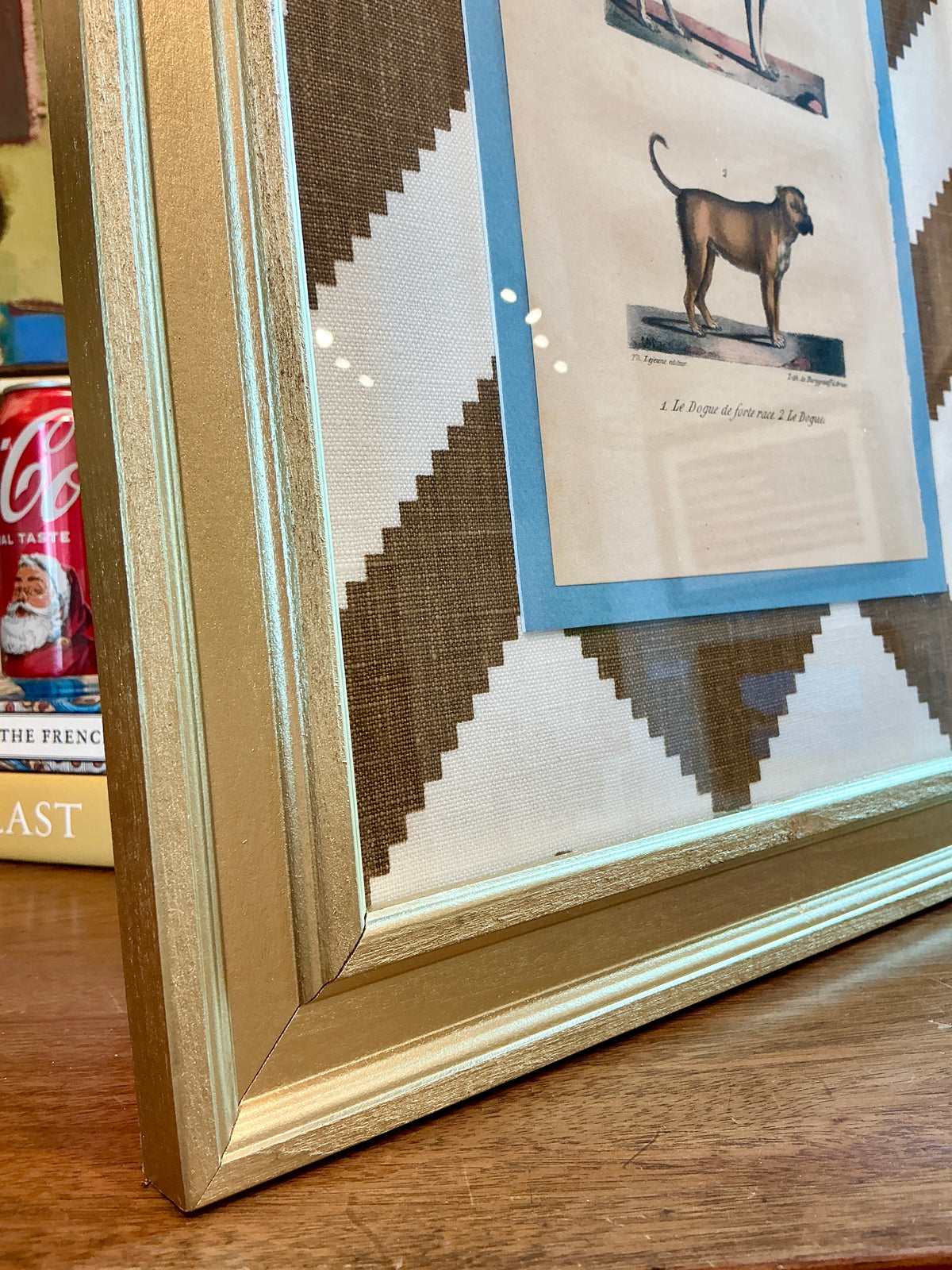 19th Century Mastiff French Bookplate on Jonathan Adler Chevron Fabric in Gold Frame