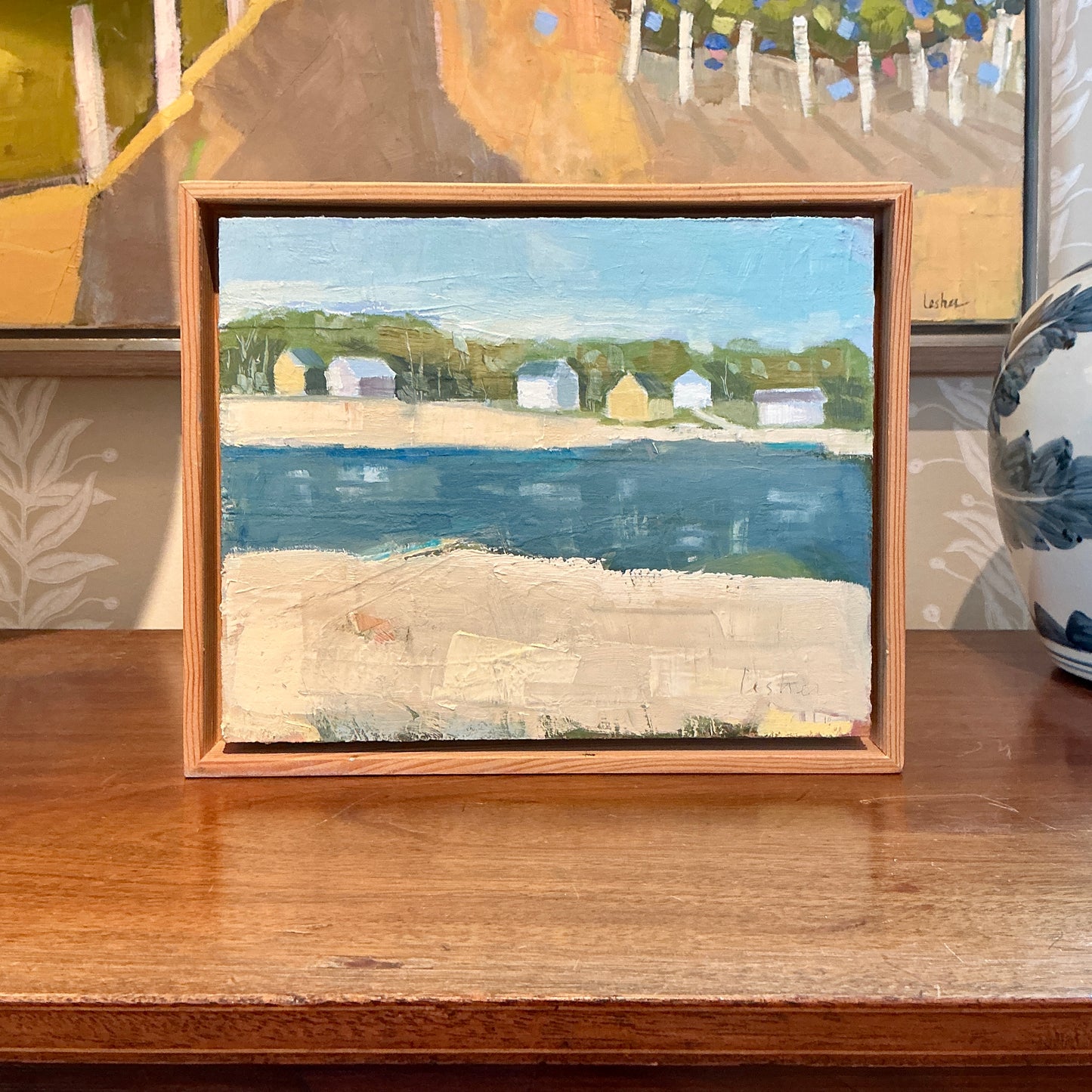 Carol Lesher River View Coastal Landscape Oil Painting in Natural Wood Frame