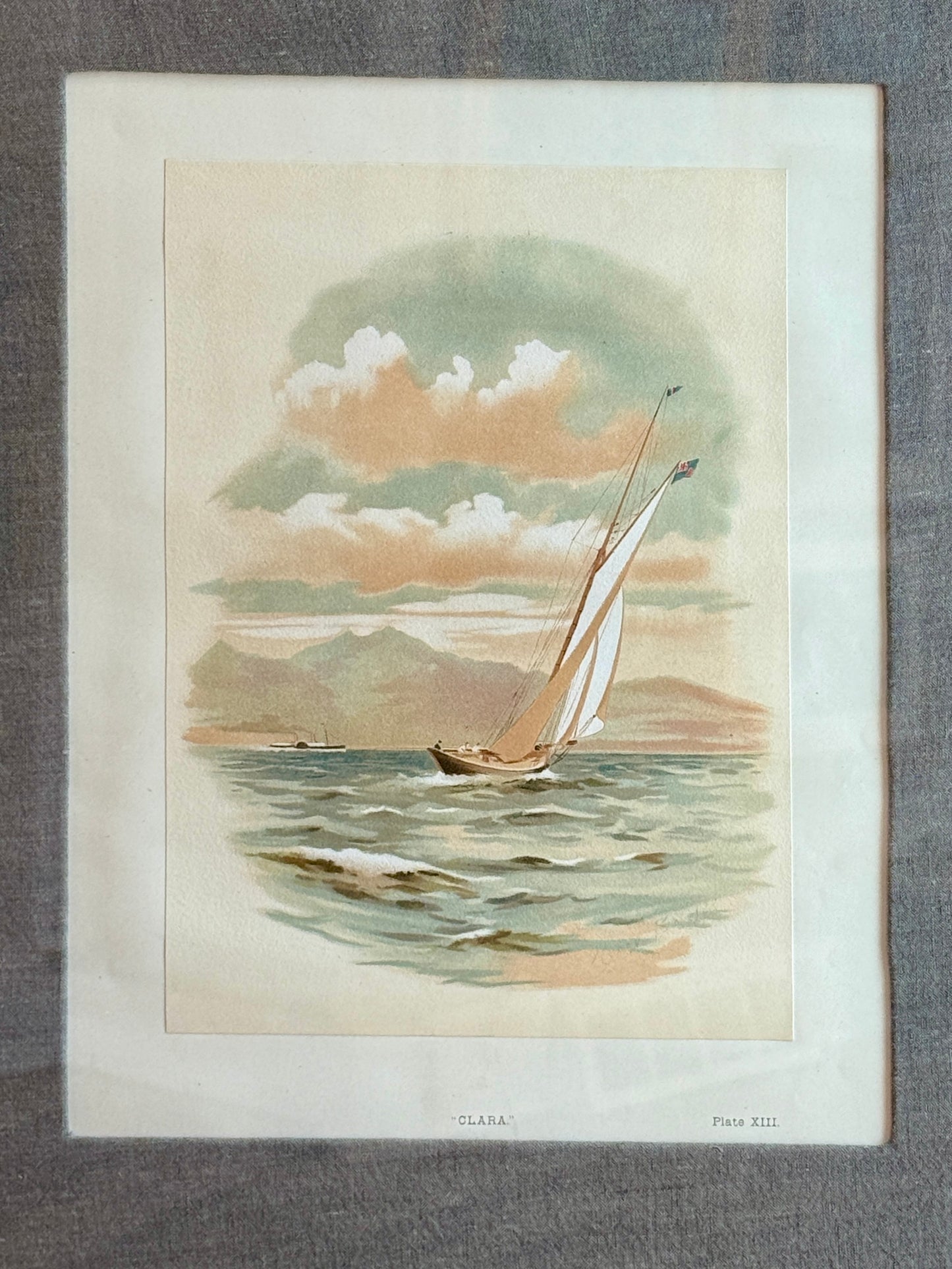 1888 Hand Colored Lithograph of “Clara” the Clyde Yacht in Belgian Linen in Ornate Champagne Gold Frame