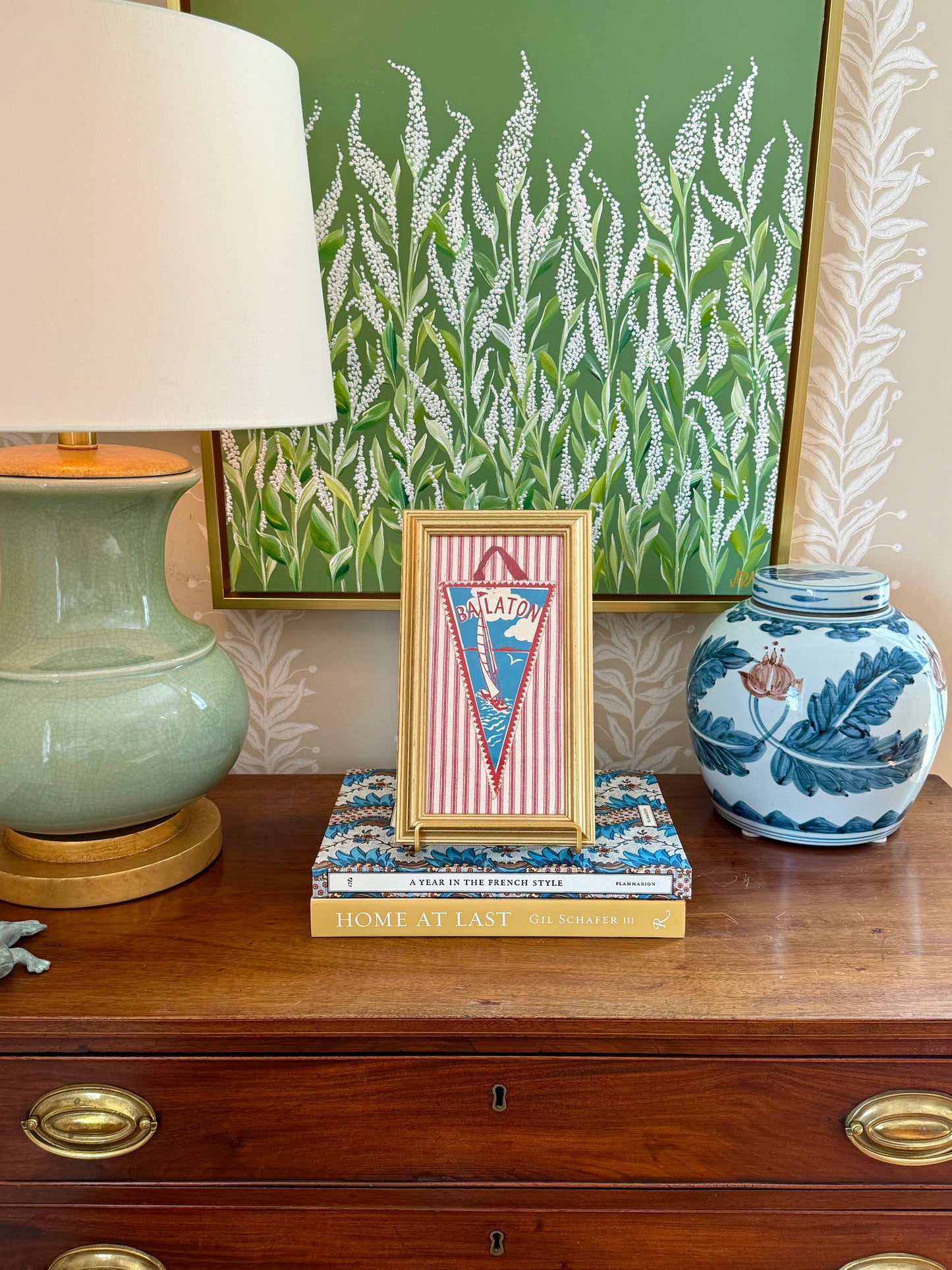 Vintage Mid Century Lake Balaton Pennant on Red Ticking Fabric in Gold Frame