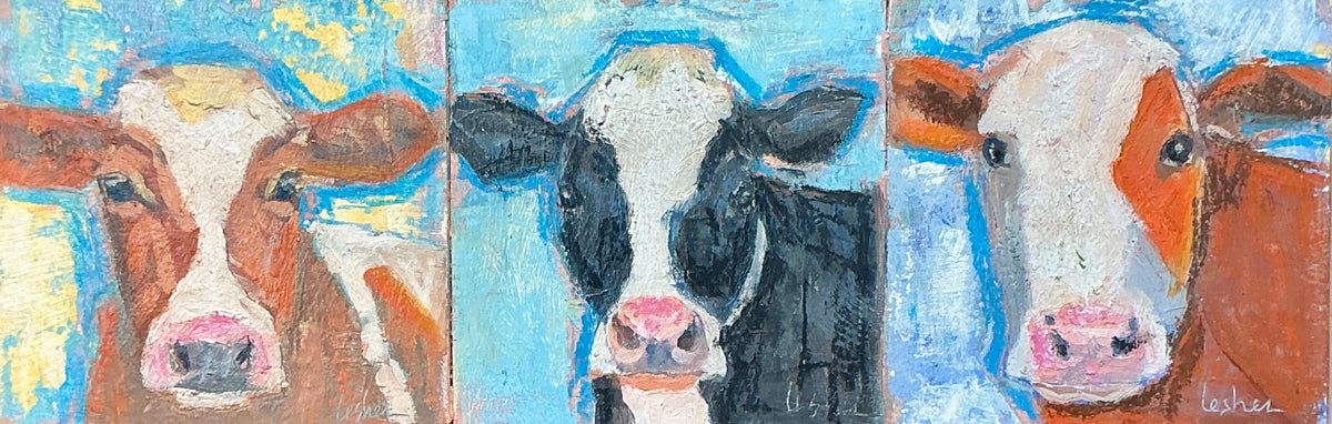 Carol Lesher Cow Trio 4 Portrait Oil Painting in Wood Frame