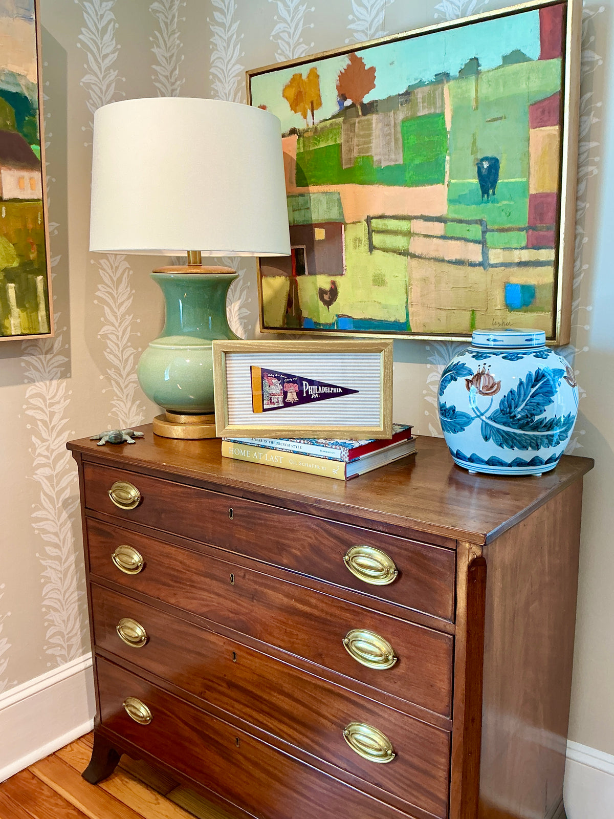 Vintage Philadelphia Felt Pennant on Taupe Stripes in Gold Frame