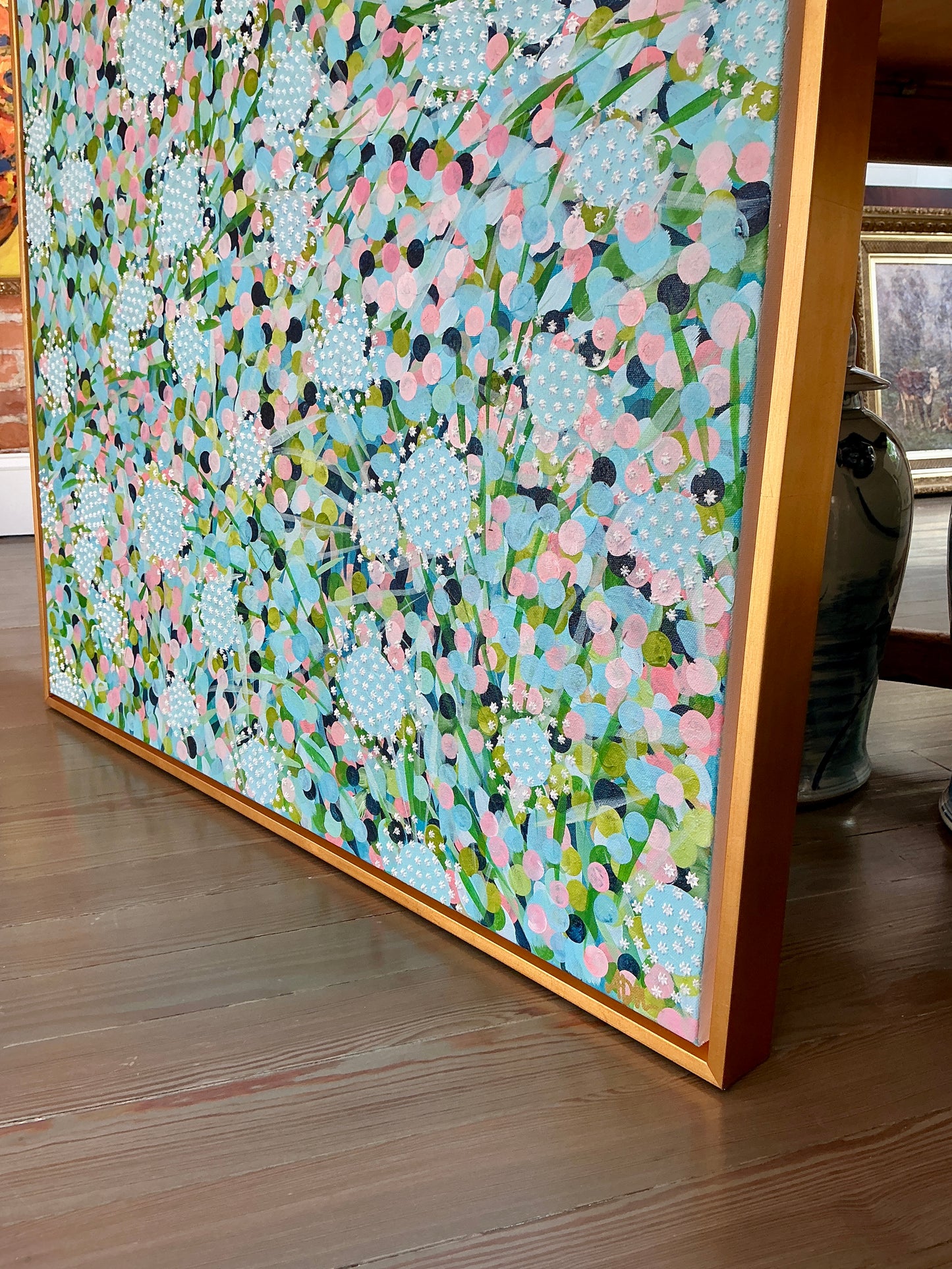 Alison Diamond McElroy Mint Condition Garden Floral Abstract Painting in Gold Floater Frame