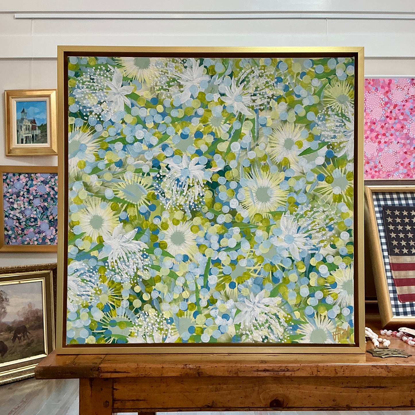 Alison Diamond McElroy Poolside Abstract Floral Painting in Gold Floater Frame