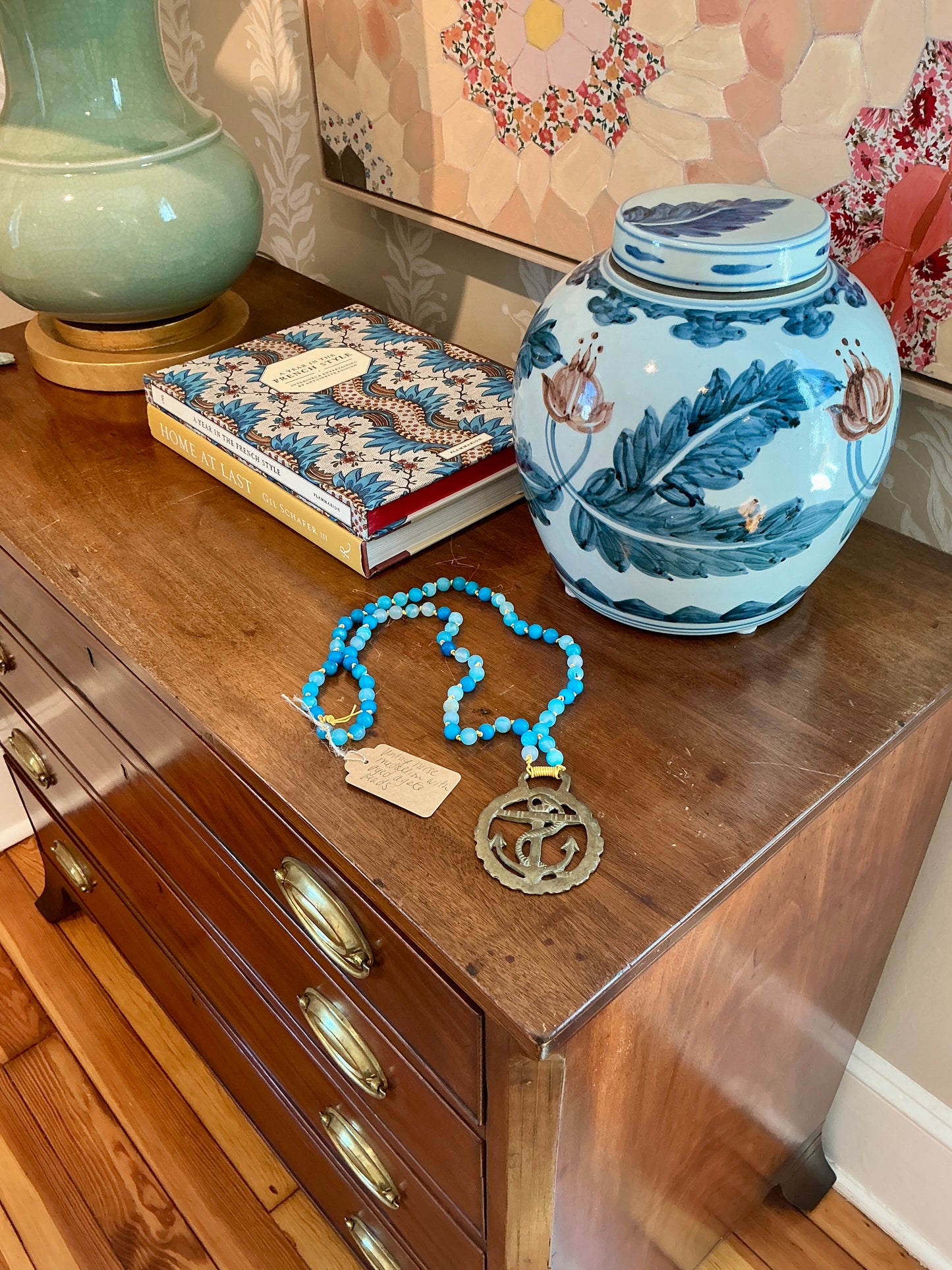 Antique English Horse Brass Anchor Medallion Agate Beaded Hand Knotted Necklace