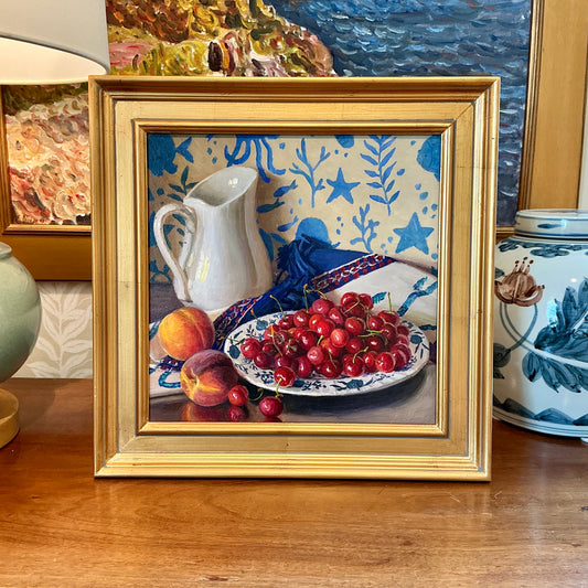 Youqing Wang Cherries, Peaches, and White Pitcher Still Life Oil Painting in Gold Frame