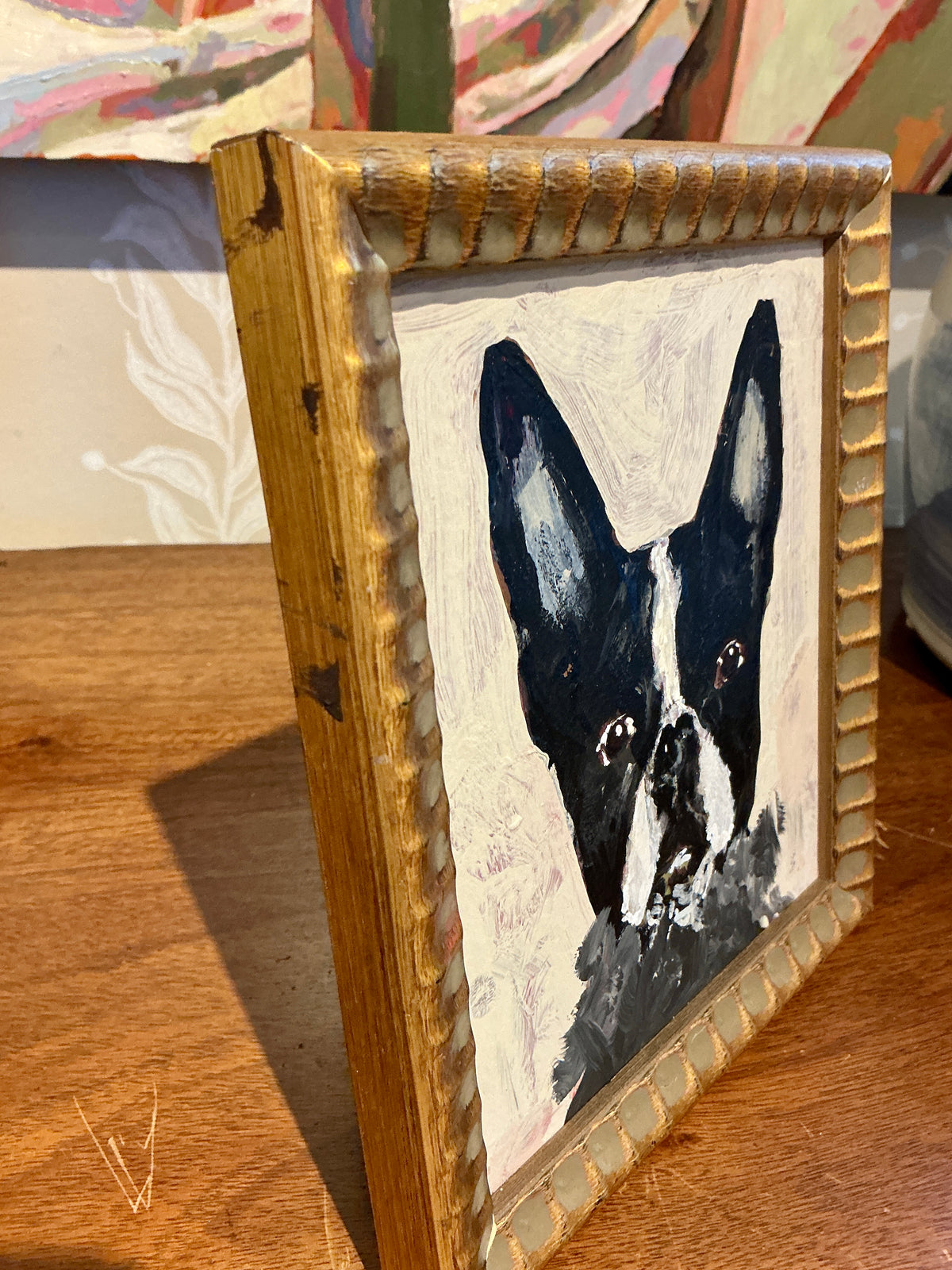 Boston Terrier Dog Portrait Oil Painting in Wavy Gold Frame