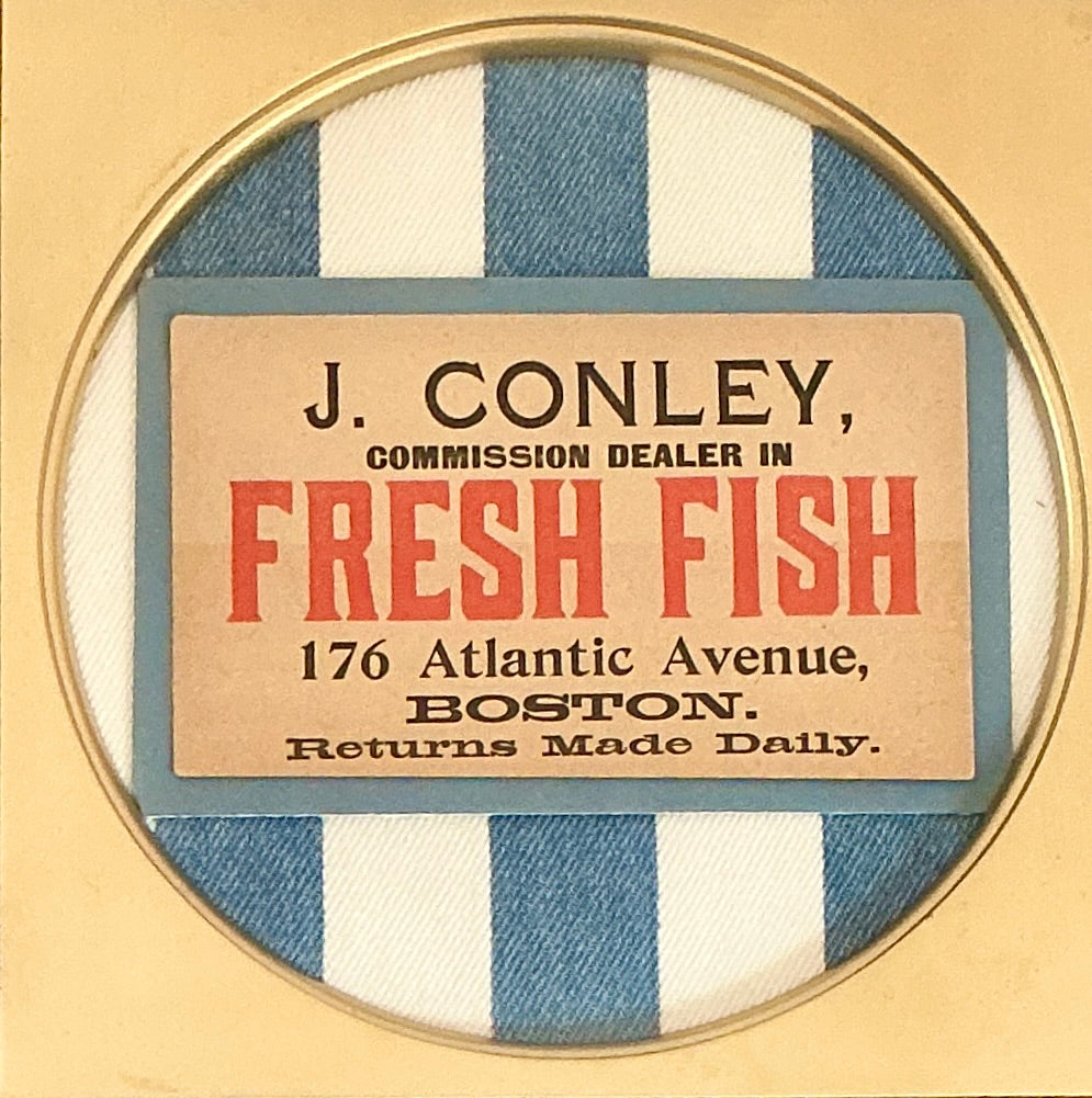 Vintage Fresh Fish Old Boston Fishmonger's Tag on Blue and White Stripes in Wood Frame with Gilded Liner
