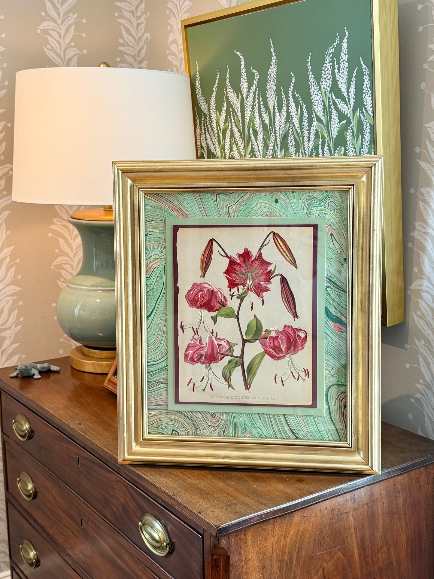 20th Century Japanese Lily Chromolithograph on Hand Marbled Paper