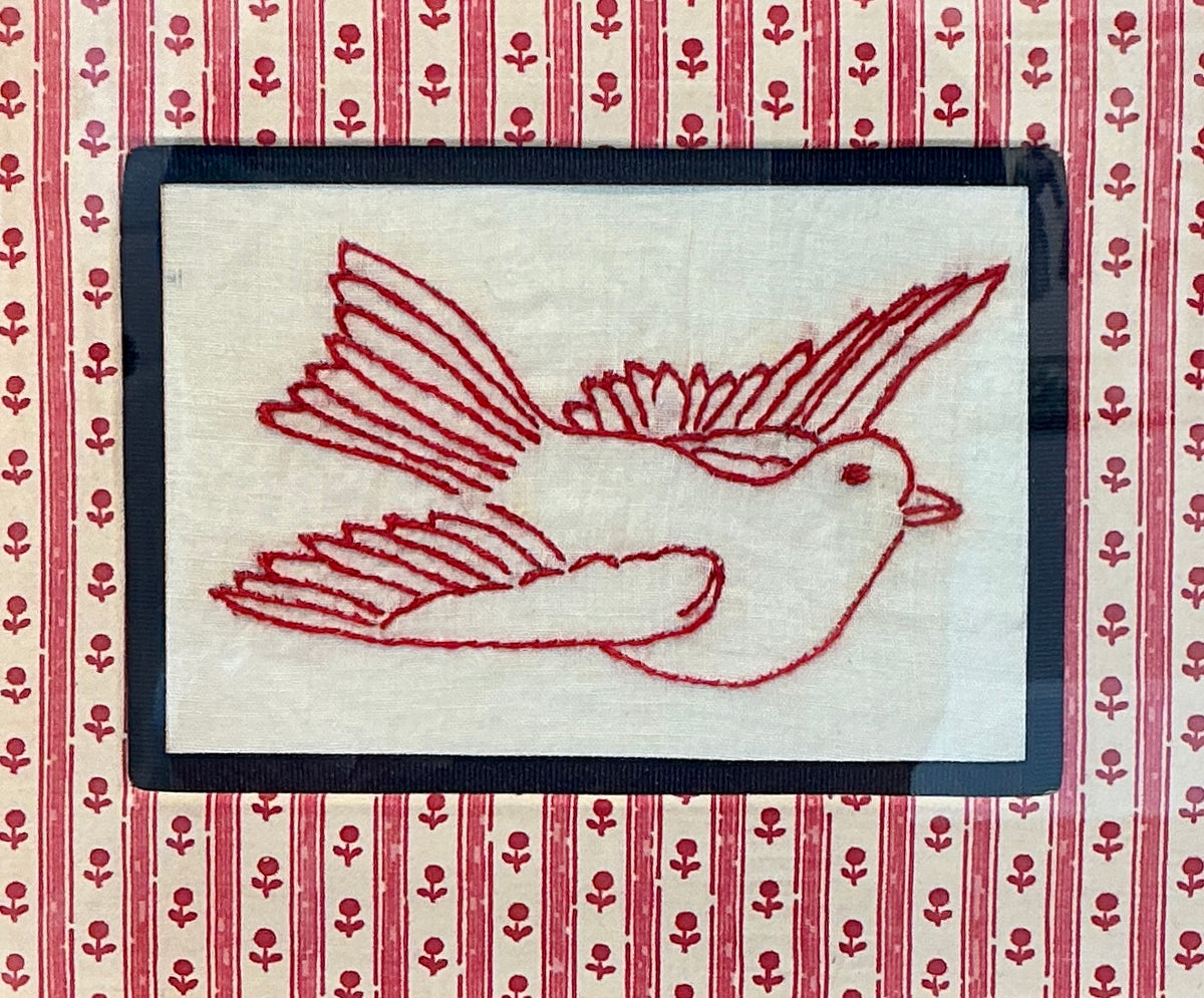Antique Redwork Flying Bird Embroidery in Pink Floral Brunschwig & Fils Wrapped Mat in Gold Frame