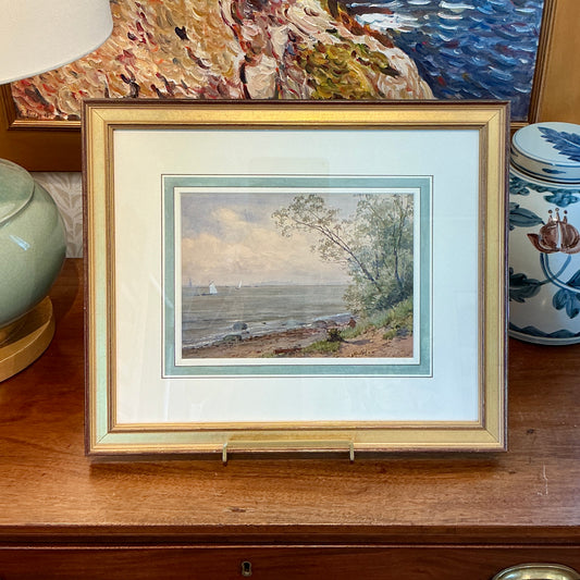 19th Century Watercolor Sailboats in Seascape Coastal Landscape in Gold Frame